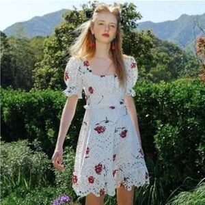 857. Eyelet Lace Red Floral Dress White